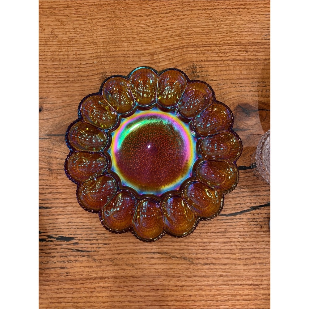Vintage Indiana Glass amber iridescent carnival glass Hobnail egg plate 11" - Picture 2 of 10